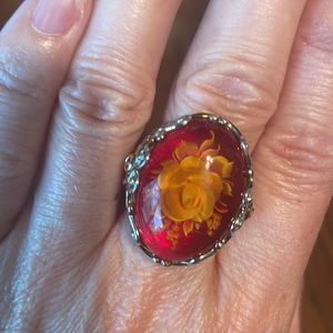 Gorgeous 925 Sterling Silver amber carved rose boho ring